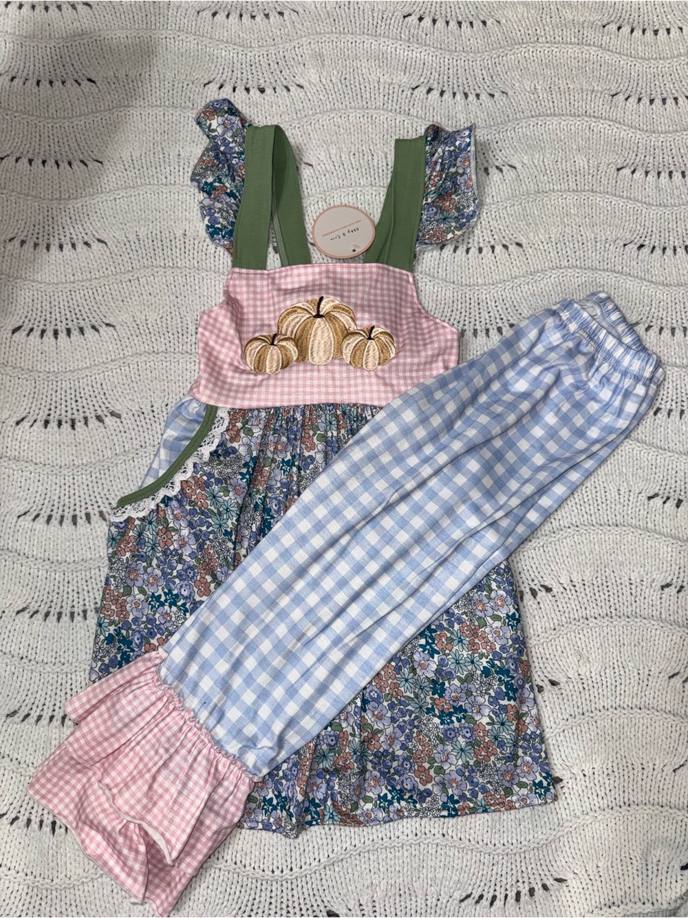Floral Patchwork shirt & Gingham Pants Set in Pink, Blue and Green